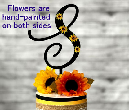 Sunflower Wedding Cake Topper: Personalized Initial Monogram, Hand-Painted