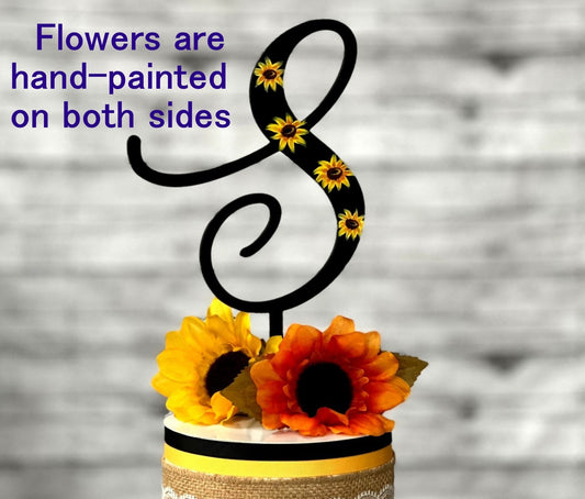 Sunflower Wedding Cake Topper: Personalized Initial Monogram, Hand-Painted