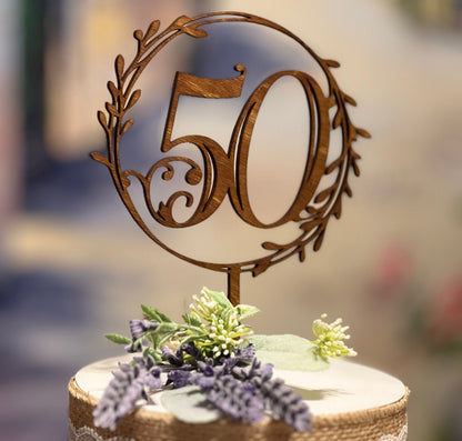 50th Anniversary Cake Topper: Stained Birch Wood, Floral Wreath