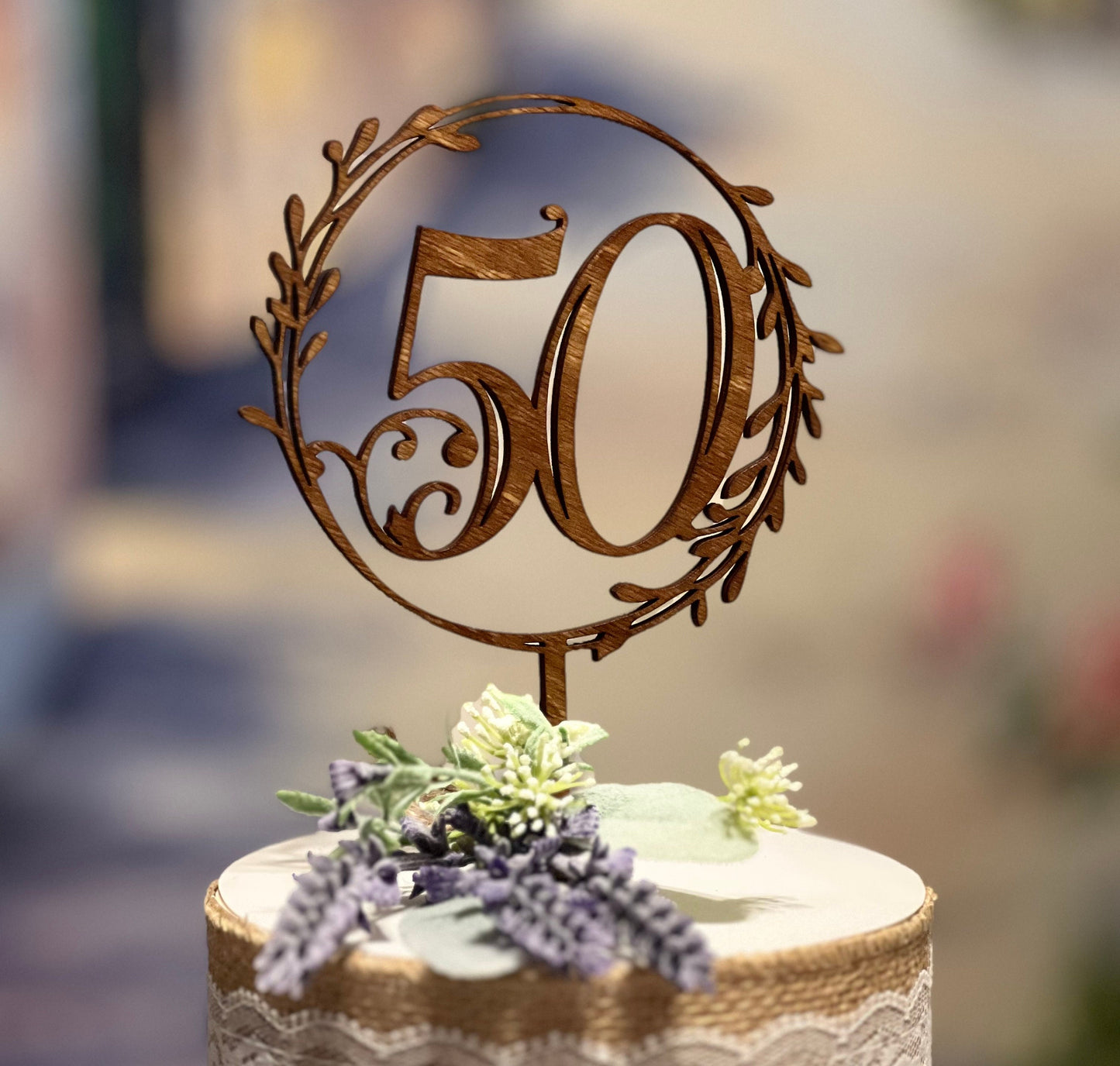 50th Anniversary Cake Topper: Stained Birch Wood, Floral Wreath