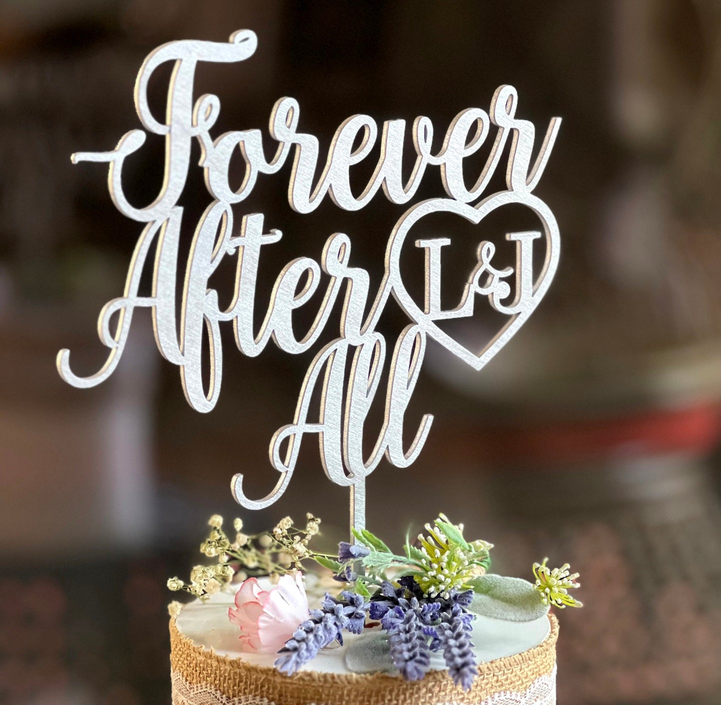 Silver Wedding Cake Topper: Forever After All, Custom Initial Heart