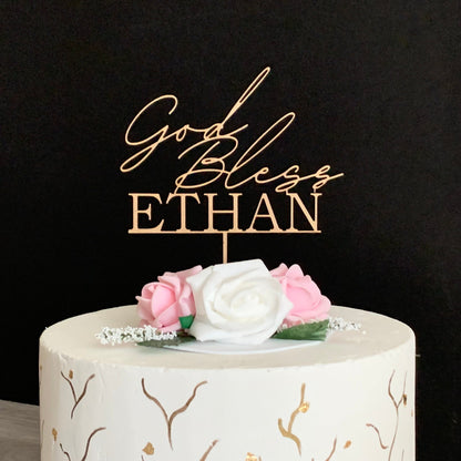 Personalized God Bless Cake Topper with Custom Name - First Communion and Christening Celebration