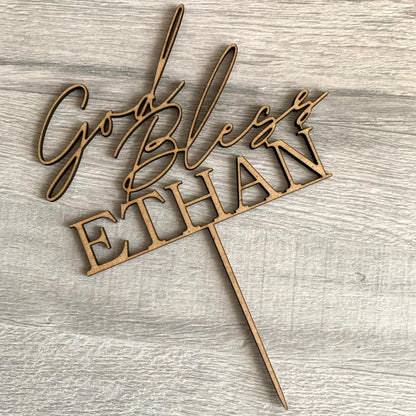 Personalized God Bless Cake Topper with Custom Name - First Communion and Christening Celebration