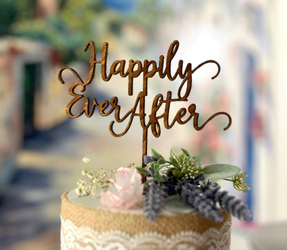 Stained Wood 'Happily Ever After' Wedding Cake Topper