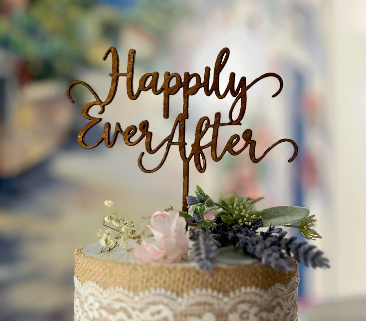 Stained Wood 'Happily Ever After' Wedding Cake Topper