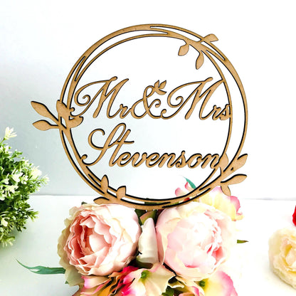 Personalized Mr & Mrs Wedding Cake Topper with Custom Last Name - Laurel Wreath Decor