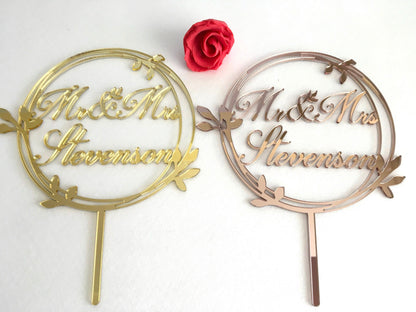 Personalized Mr & Mrs Wedding Cake Topper with Custom Last Name - Laurel Wreath Decor