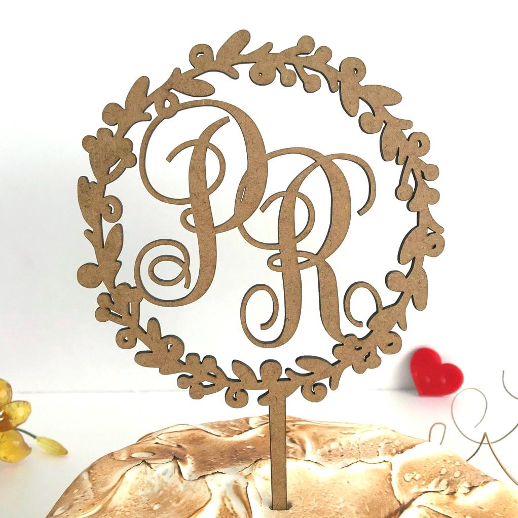 Personalized Wedding Cake Topper with Two Initials - Custom Wreath Monogram Decoration