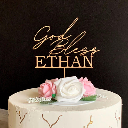 Personalized God Bless Cake Topper with Custom Name - First Communion and Christening Celebration