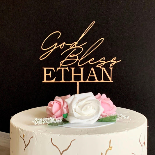 Personalized God Bless Cake Topper with Custom Name - First Communion and Christening Celebration