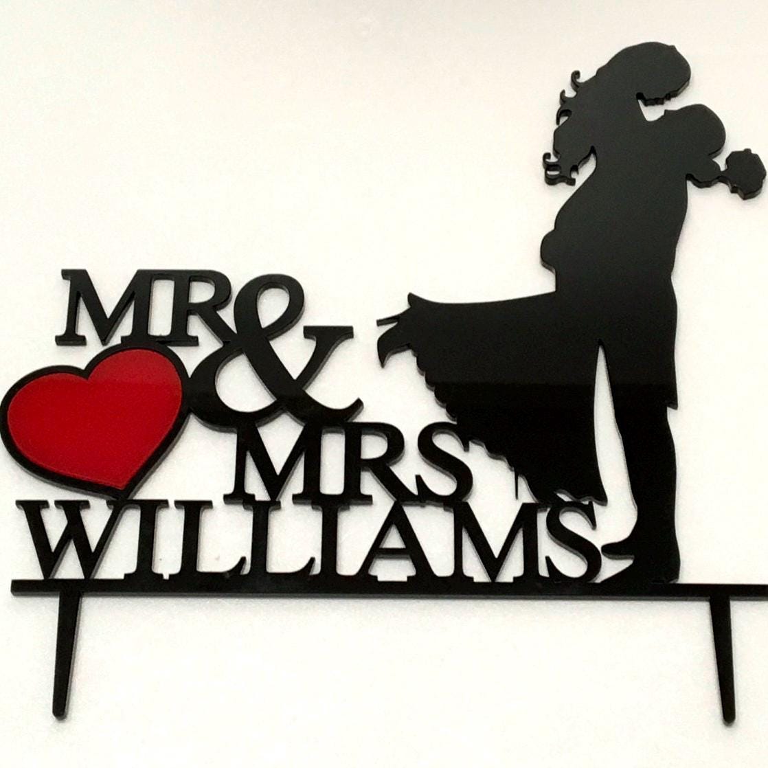 Personalized Wedding Cake Topper with Heart - Bride and Groom Silhouettes - Mr and Mrs