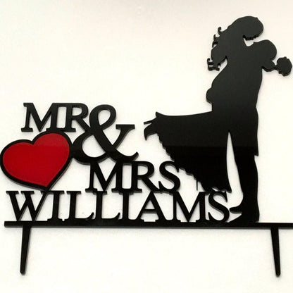 Personalized Wedding Cake Topper with Heart - Bride and Groom Silhouettes - Mr and Mrs