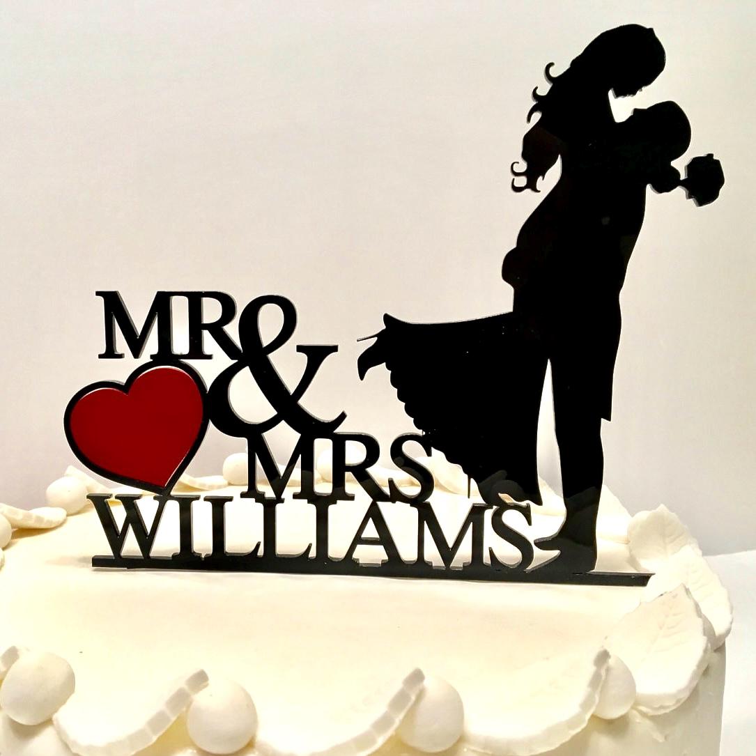 Personalized Wedding Cake Topper with Heart - Bride and Groom Silhouettes - Mr and Mrs