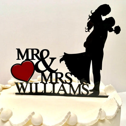 Personalized Wedding Cake Topper with Heart - Bride and Groom Silhouettes - Mr and Mrs