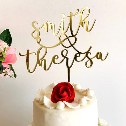 Personalized Wedding Cake Toppers with Custom Names and Heart - Bride and Groom - Mr & Mrs