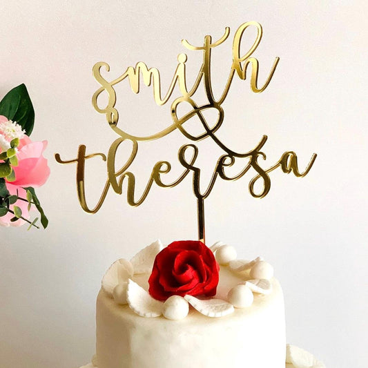 Personalized Wedding Cake Toppers with Custom Names and Heart - Bride and Groom - Mr & Mrs