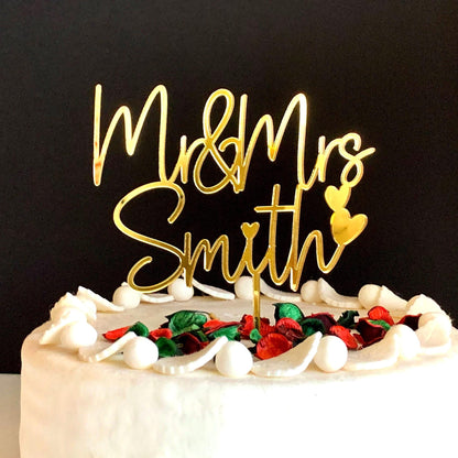 Gold Cake topper for Wedding, Personalized Mr & Mrs Last Name and Heart