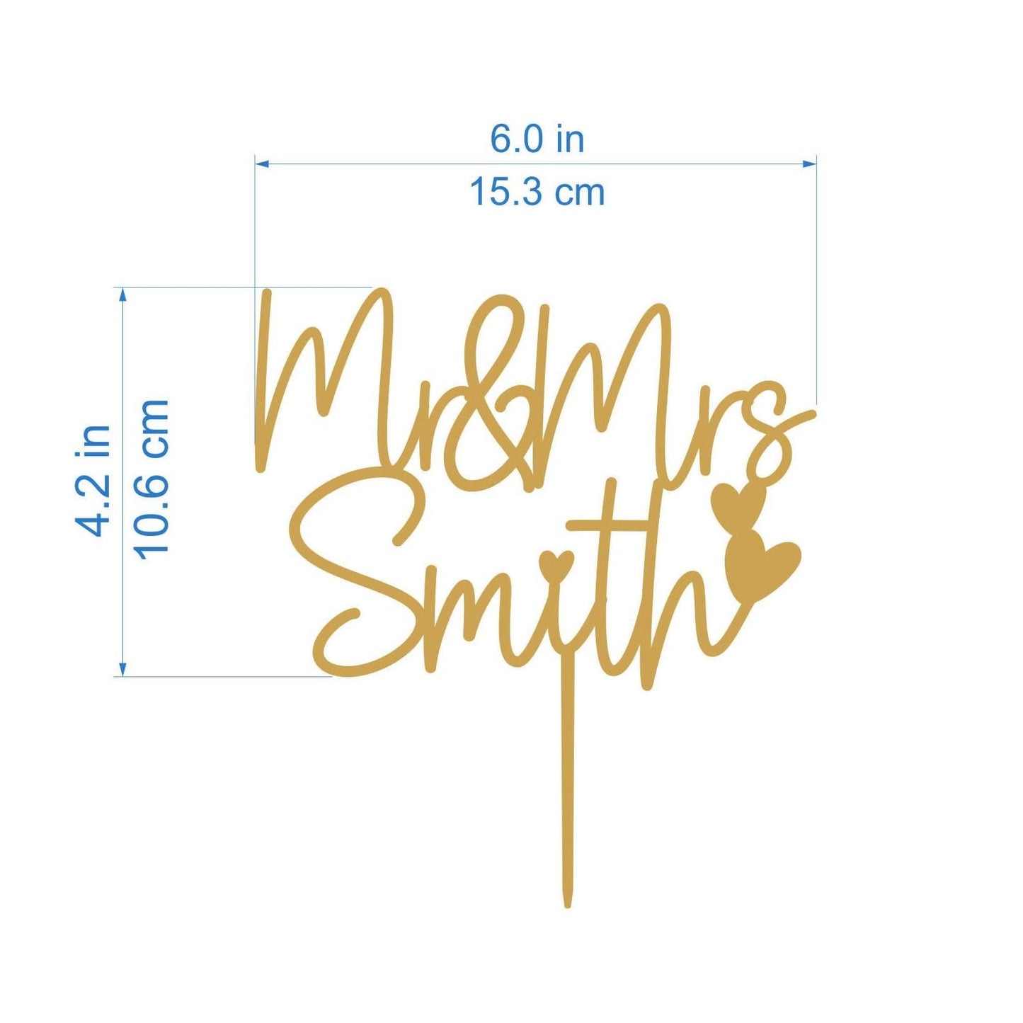 Gold Cake topper for Wedding, Personalized Mr & Mrs Last Name and Heart