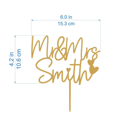 Gold Cake topper for Wedding, Personalized Mr & Mrs Last Name and Heart