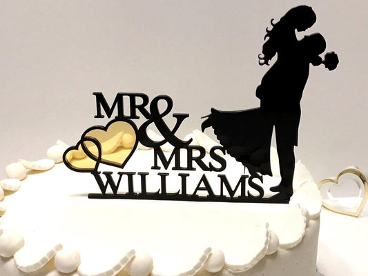 Custom Wedding  Mr and Mrs Cake Topper with Hearts - Personalized Bride and Groom Silhouettes