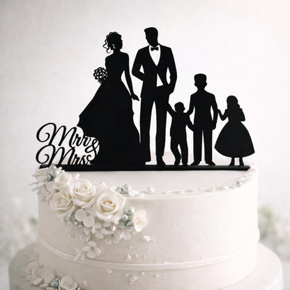 Wedding Cake Topper with Children, Mr & Mrs Family Silhouette, Personalized Decoration