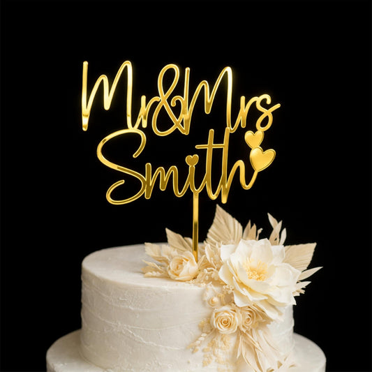 Gold Cake topper for Wedding, Personalized Mr & Mrs Last Name and Heart