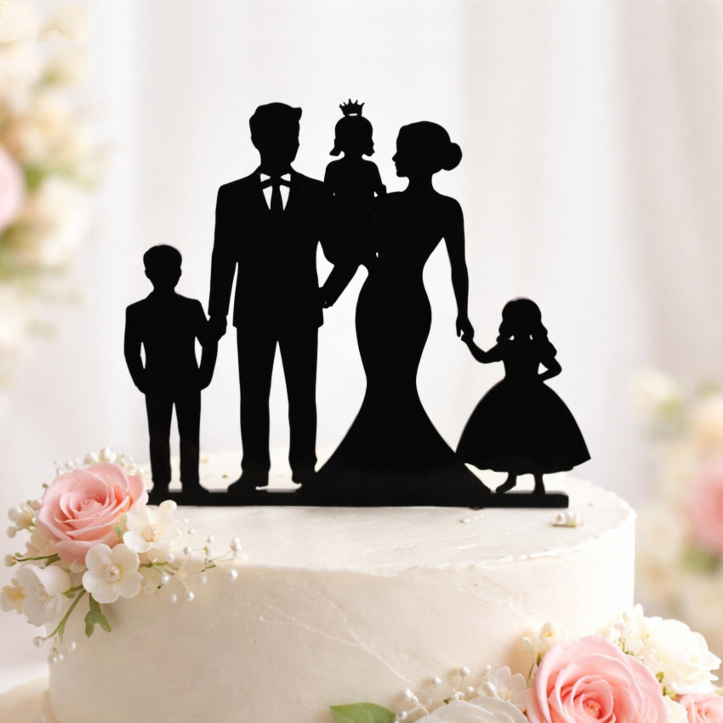 Wedding Cake Topper with Children, Mr & Mrs Family Silhouette, Personalized Decoration
