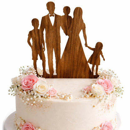 Personalized Family Wedding Cake Topper - Bride, Groom and Kids Silhouettes