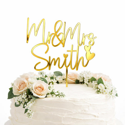 Gold Cake topper for Wedding, Personalized Mr & Mrs Last Name and Heart